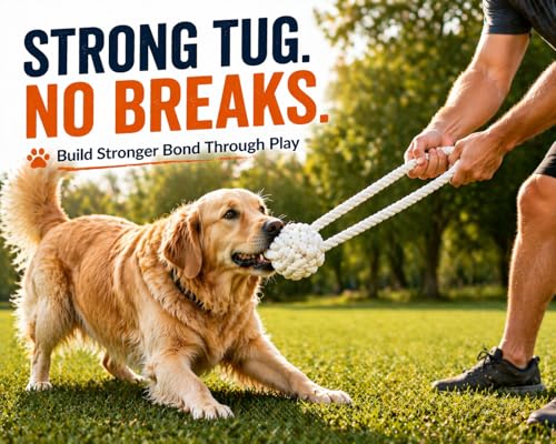 Dog Rope Toy with Ball, 20-Inch Overall Length with 4-Inch Rope Ball for Medium and Large Dogs, Strong and Durable Washable Cotton Tug Toy for Indoor and Outdoor Play, Tug-of-War and Fetch, White