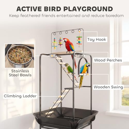 PawHut 64" H Rolling Bird Stand Parrot Playstand with Seed Guard & Wheels