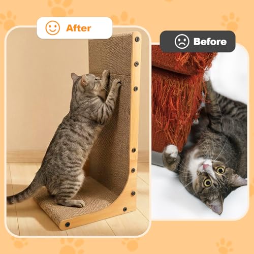 Goosheep 22in L-Shaped Cat Scratcher 2-in1 Scratching Board for Indoor Cats Protecting Furniture Cardboard Box Scratch Pad, Scratching Posts with Feathered Toy - color: 1pk 22in L-Shape Cat Scratcher with Box