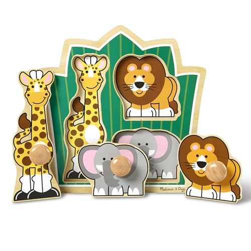 Melissa & Doug Jungle Friends Safari Animals Jumbo Knob Puzzle, Wooden Peg Puzzle for Toddlers, Educational Toy for Shape Recognition and Fine Motor Skills, Ages 1+ - size: Small (1 Puzzle), style: Safari Animals