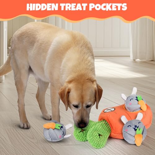 Interactive Hide and Seek Squeaky Dog Plush Toy for Small Dogs, Carrot and Bunny Set, 4 Pack Set