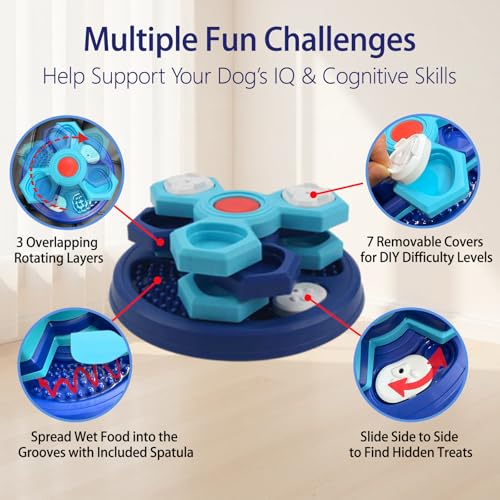 Slow Feeder Puzzle Dog Bowl, 4-Layer Rotating Interactive Pet Feeder with 7 Removable Covers, Silicone Spatula & Non-Slip Base, Blue