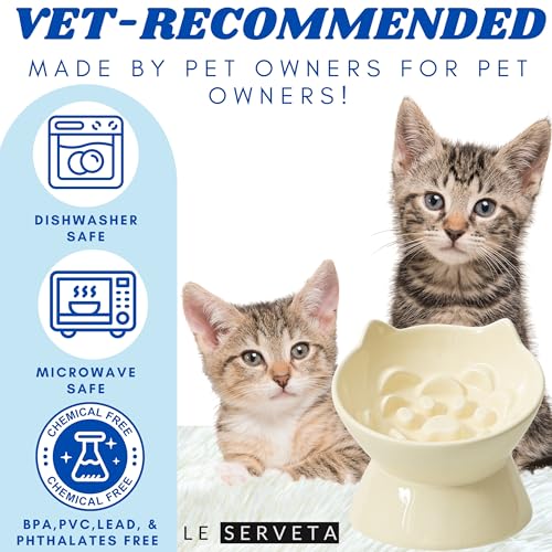 Macarons Series Ceramic Slow Feeder Cat Bowl, Raised Puzzle Feeder, Anti Vomiting Cat Slow Feeding, Elevated Food Bowl, Whisker Friendly Pet Bowl with Cute Ear Design (Yellow) - color: Yellow