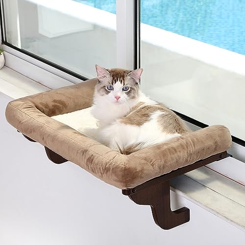 Zakkart Cat Perch for Windowsill with Bolsters (Dark Stained/Brown, L) - color: Dark Stained Wood with Brown Bed, size: 24''L x 15''W