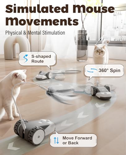 CYROS 3-in-1 Interactive Cat Toy - 2-Speed Automatic Moving Mouse Cat Toys Self Play with 2pcs Hanging Feather String Ribbon and Wiggly Silicone Mice Tail for Bored Indoor Adult Cats Kittens - color: Grey