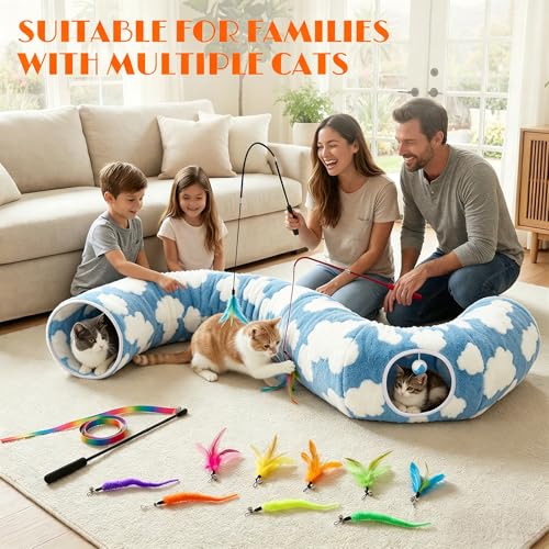 Cat Tunnel Bed with Toys – Large Collapsible Play Tube (Blue) - color: Cozy Clouds Blue