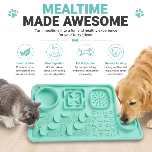 Silicone Dog Slow Feeder Lick Mat with Suction Cups, Multi-Puzzle Partition Pet Snuffle Feeding Tray for Puppy Cat Slow Eating Boredom Relief Training (Mint Green) - color: mint green