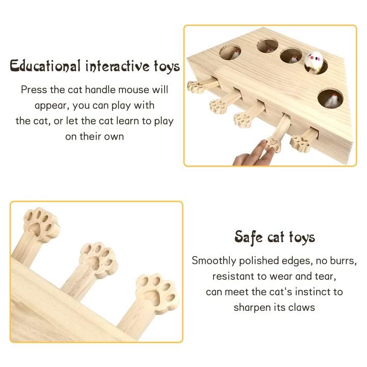 kathson Whack A Mole Cat Toy, Interactive Cat Toy Wood Kitten Puzzle Enrichment Box Catch Mice Game for Indoor Cat Exercise Relieve Boredom