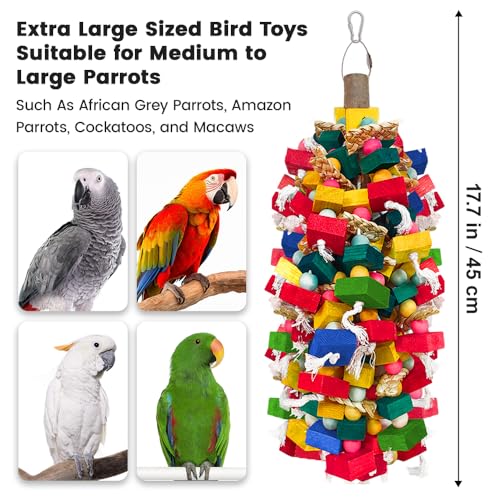 Extra Large Bird Toys for Macaws Cockatoos Amazons Chew - Natural Wood Parrot Chewing Toy with Foraging, Bird Cage Activity Center - color: Colorful Wooden Blocks