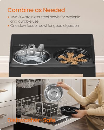 Feandrea Dog Bowls Elevated, Adjustable Height, Tilted Design - color: Ink Black, style: 1 Plastic Slow Bowl + 2 Stainless Basic Bowl