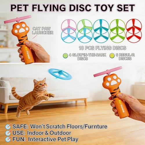 Cat Toy Disc Launcher,Rechargeable Interactive Cat Fetch Toy with 10 Discs - color: Orange
