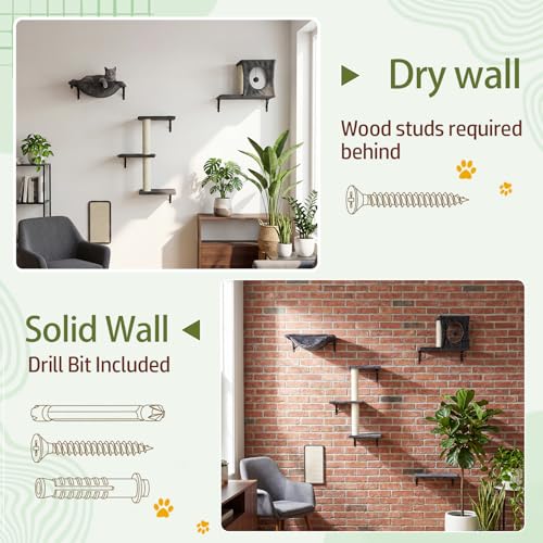 Cat Wall Shelves, Cat Wall Mounted Furniture, Climbing Wall Systems with Perches, Scratchers and Condo, Kitten Indoor Jungle Gym Set of 5 (Grey) - color: Grey