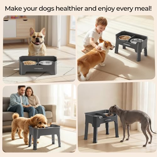 URPOWER Mess Proof Elevated Dog Bowls, Splash Guard Raised Bowl Stand - color: Grey, size: Small