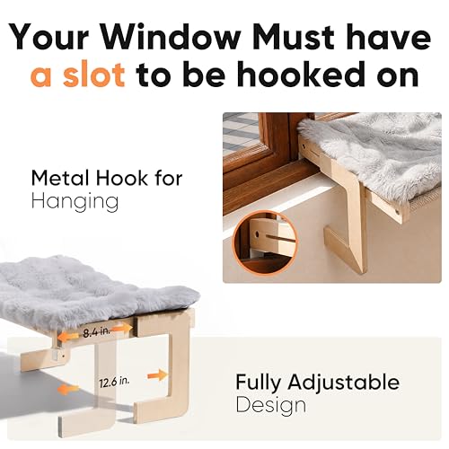 FUKUMARU Cat Window Perch, Sturdy Wood Hammock Window Bed for Indoor Cats - color: Grey