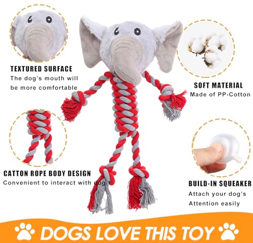 Elephant Rope Dog Toy, Plush Raccoon Squeaky Dog Toy, 2 Pack - color: Grey, Red