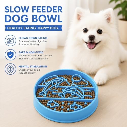 Silicone Slow Feeder Dog Bowl, Non-Slip Interactive Puzzle Bowl, Anti-Choking Feeding Dish for Small & Medium Dogs (Blue) - color: blue