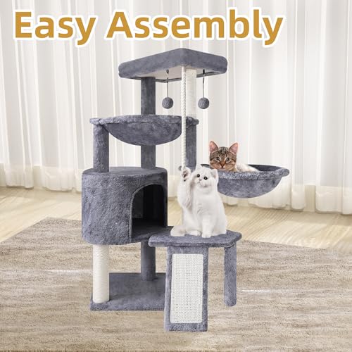 Three Layer Cat Tree with Cat Condo and Two Hammocks,Grey - color: Grey, size: Small