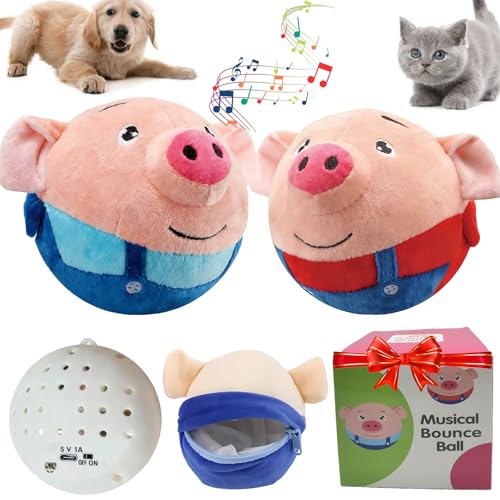 【2PCS】Interactive Dog Toys,Active Moving Pet Plush Toy with Recording & Music Modes,Jumping Squeaky Song shaking Interactive Dog Ball,Dog Toys to Keep Them Busy,Replaceable Coat (Blue Pig + Red Pig) - color: Smile-Blue Pig