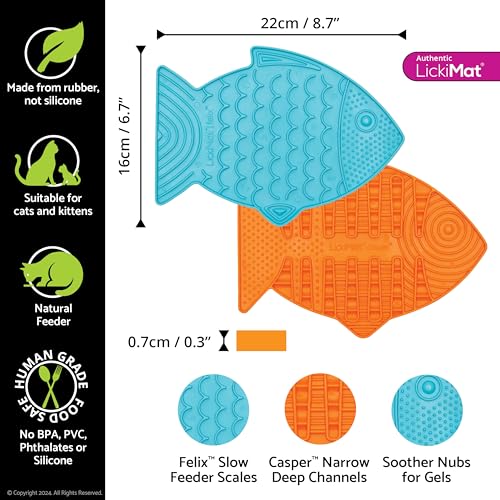 Lickimat Casper & Felix, Fish-Shaped Cat Slow Feeders Lick Mat, Boredom Anxiety Reducer; Perfect for Food, Treats and Anxiety Reduction. (Orange & Turquoise) - color: Orange & Turquoise