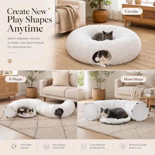 Feather Fluffy Plush Cat Tunnel Bed Big Tube Playground Toys 3 FT Diameter Longer Collapsible, for Indoor Cat Kitty Kitten Puppy Rabbit Ferret Snow White