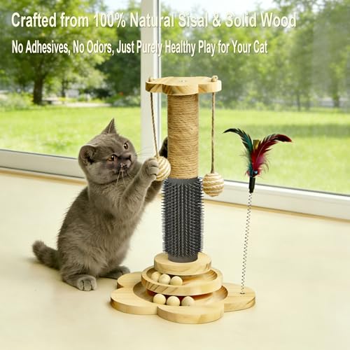 Wooden Cat Scratching Post, 4 in 1 Cat Scratcher Kitten Toys - color: 17.7" Post with Brush