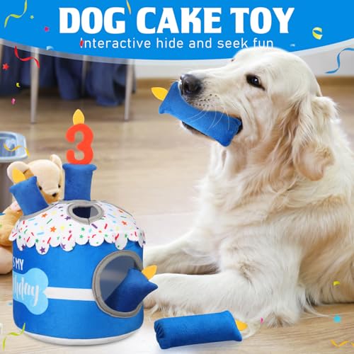Foilswirl Dog 3rd Birthday Cake Toy Squeaky Interactive Dog Toy Hide and Seek Plush Dogs Puzzle Puppy Toys for Boredom Keep Them Busy for Small Medium Dogs(Blue) - size: Blue, style: 3rd