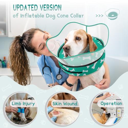 Supet Raised Inflatable Dog Cone Collar to Stop Licking, Soft Dog Cone Alternative After Surgery, Pet Neck Donut Collar for Small Medium Large Dogs - color: T Bone Green, size: S(Neck 7"-9.5")