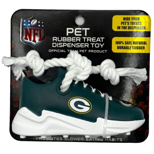 Pets First NFL Green Bay Packers Cleat Sneaker Spike Dog Toy, Football Treat Dispenser Chew Toy for Dogs, Interactive Rope Tug Toy, Slow Feeder Natural Rubber Dog Toy with Official Team Logo - color: Green Bay Packers