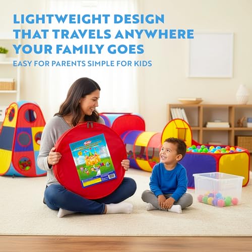 Playz 5pc Pop Up Play Tent and Crawl Through Tunnels for Kids w/Carry Bag - color: Blue, Yellow, Red