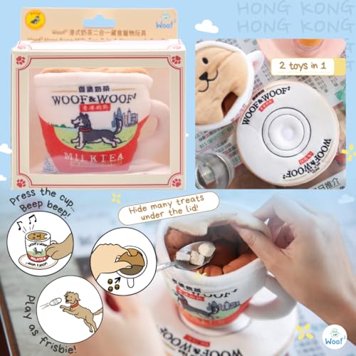 HK Milk Tea Nose-Work Squeaky Dog Toy - Durable Cute & Soft 2-in-1 Cup & Plate for Interactive Play, Big Pocket to Hide Treats for Puzzle Fun, Paper Crinkle Sound, Small Medium Large Dogs