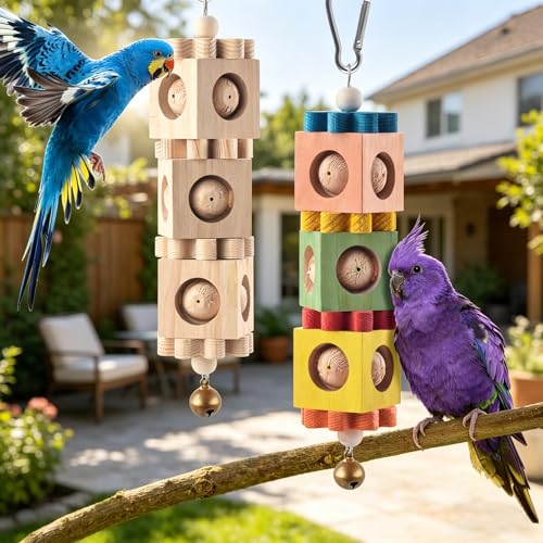 2 Pack Bird Chew Toys for Beak Grinding, Hanging Rotating Wood Block with Bell Parrot Foraging Enrichment Toy for Small to Medium Cocktiel, Conure, Caique