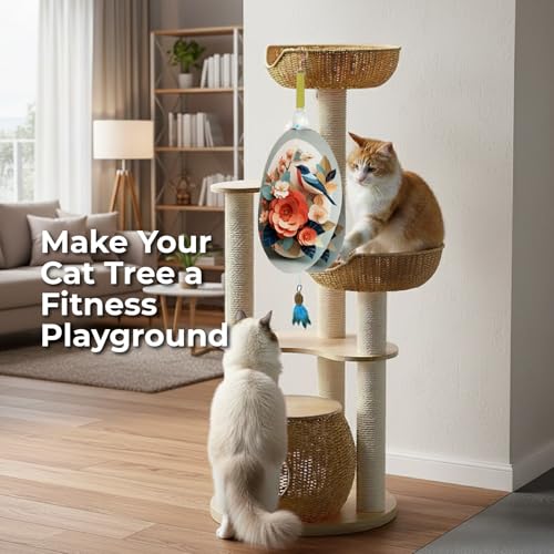 Interactive Cat Toys for Indoor Cats, Automatic Concealed Hide and Seek Hanging Feather Cat Toy, Rechargeable Motion-Activated Enrichment Toys for Bored Adult Cats (Bird & Flowers Pattern） - color: red