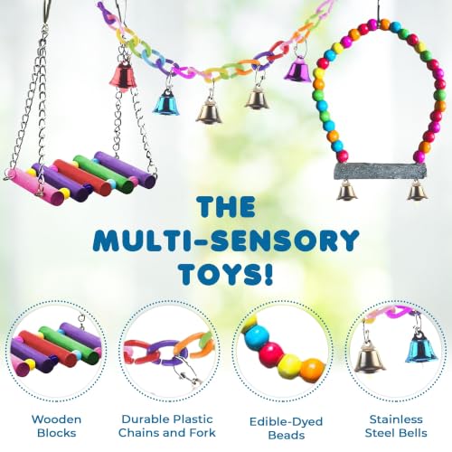 SunGrow Parrot Swing and Perch Bundle, Keep Birds from Hatching Plans for World Domination with Joyful Colorful Items for Love Birds, Conures, Cockatiels, Finches, Parakeets, 12 Pieces
