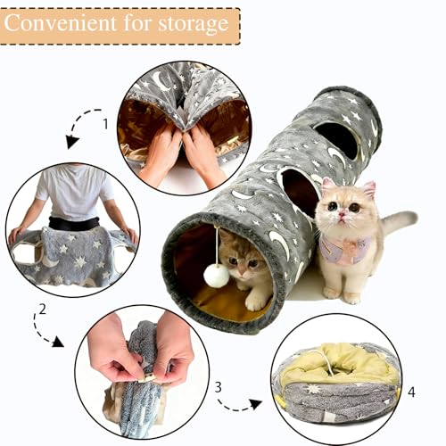 Glow-in-the-Dark Cat Tunnel for Indoor Cats Large Foldable Cat Play Tunnel with Hanging Ball 2 Peepholes Interactive Cat Toy for Kittens Pet Tunnel for Small Dogs Cat Tube for Indoor Cats - size: 2-Way Fluorescent Moon