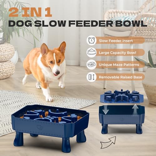 UPSKY Slow Feeder Dog Bowl with Raised Design for Healthy Eating Blue