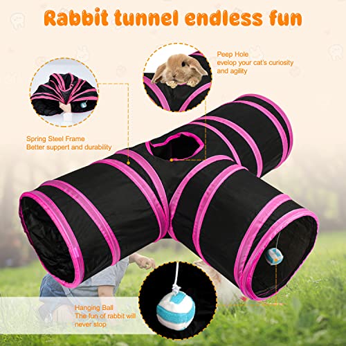 BWOGUE Bunny Tunnels & Tubes, 3-Way Collapsible Rabbit Hideout for Bunnies - color: Rose Red