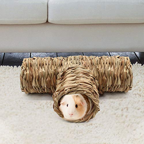 BWOGUE Hamster Grass Tunnel Toy, Guinea Pig Grass Tunnel, 4-Way Hideaway