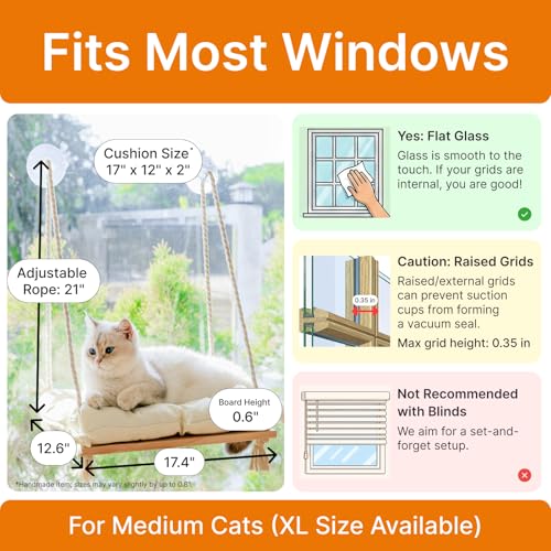 Cat Window Perch with Industrial-Grade Suction Cups - Solid Pine Wood Hammock Bed, Soft Cushion - 42 lb Capacity for Cats Inside - color: Beige, size: Medium