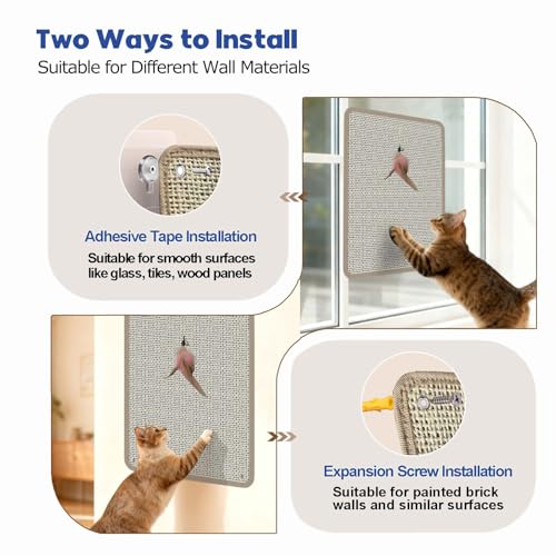 Cat Nail File Scratcher - Natural Sisal Scratch Mat with 80-Grit Aluminum Oxide, Adhesive Sheets & Expansion Screws for Secure Wall/Floor Mounting, Ideal for Trimming Cat Claws (16.53×13,.38)