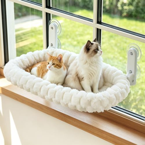 AMOSIJOY Foldable Cat Window Perch with Cloud-Soft Cushion Bed, XL White - color: White Striped Cushion Bed, size: Extra Large