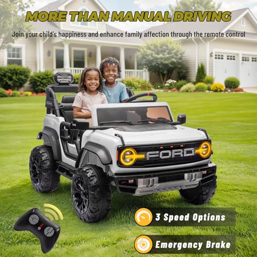 24V 2 Seater Ride On Toys for Kids, Licensed Ford Bronco Raptor Electric Ride On Car w/Remote Control, Safety Belt, LED Lights, Spring Suspension, Bluetooth Music, 3 Speed, White - color: White