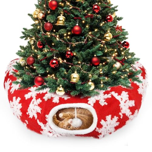 Cat Tunnel Christmas Tree Skirt, Foldable Peekaboo Donut Cave Bed - color: Red