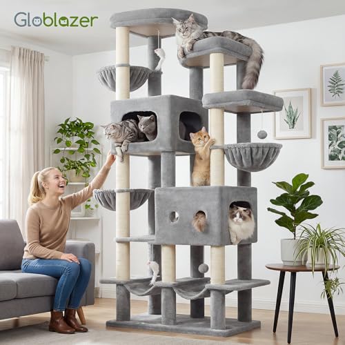 Globlazer 81in Multi-Level Larger Cat Tree Tower Condo Indoor Furniture Activity Center with Oversized Plush Cat Bed/Baskets/Full-Sisal Scratching Posts and Hammock/S81/Light Gray - color: Light Gray, size: 81 Inch