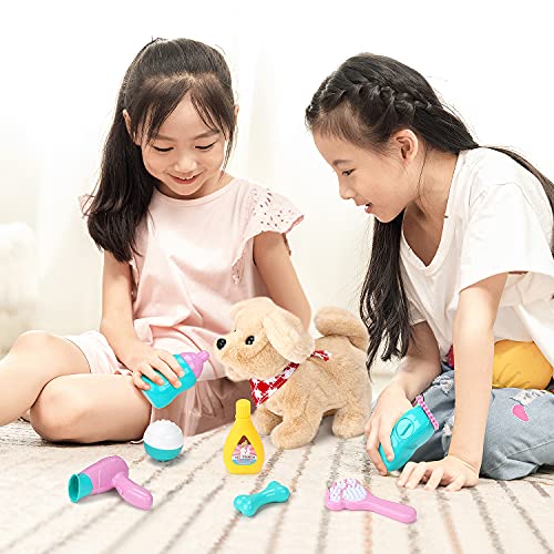 Pet Care Play Set Electric Vet Play Set-Walking ,Barking,Tail Wagging Little Plush Dog Grooming Toys with Puppy Carrier Feeding Dog Educational Toys for Toddler Kids