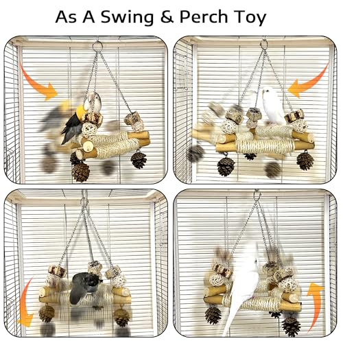 Bird Swing for Cage with Chew Toys, 3 Sisal-Wrapped Stable Perches(S) - size: Small
