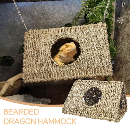 Hanging Reptile Hide Cave,Natural Seagrass Fiber Bearded Dragon Hammock Hideout,Reptile Shelter Sleeping Cave Swing Climbing Toys Terrarium Decor for Lizard Gecko Hermit Crabs(Triangle L) - size: Triangle L:9.84*7.09*5.91"