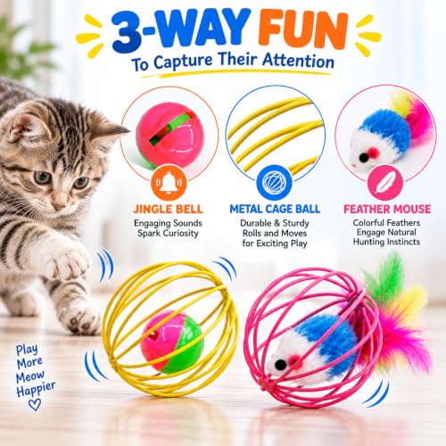 Cat Toys 6 Pack for Indoor Cats & Kittens, Metal Cage Balls with Mice & Bells, Colorful Jingle Bell Ball Toys, Interactive Mouse Toys for Swatting, Chasing & Pouncing