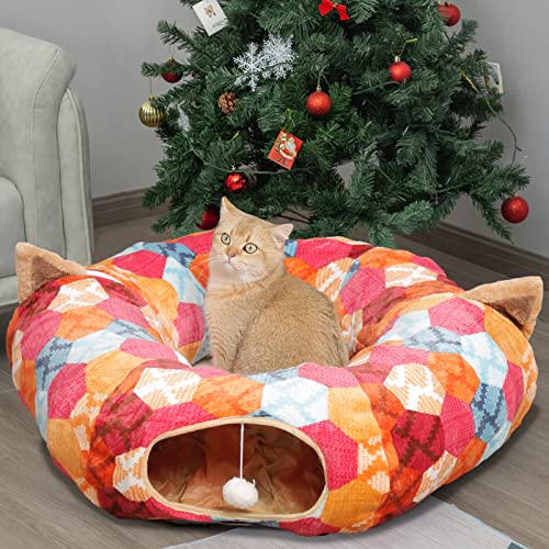 AUOON Cat Donut Tunnel with Bed for Kitten Puppy Rabbit Ferret, Orange - color: Orange