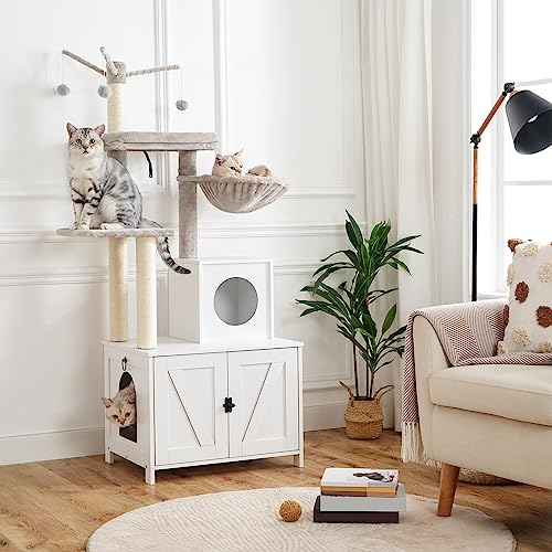 HOOBRO Cat Tree Tower with Litter Box Enclosure for Indoor, Wooden Cat Condo with Scratching Posts, Litter Box Furniture Hidden, All-in-One Cat House, White WT15MZ03 - color: White
