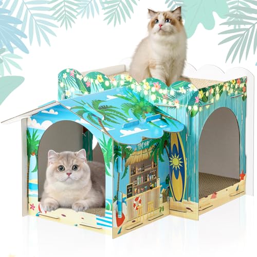 2 Story Cardboard Cat House with Scratcher Pad, 17x12x10, Hawaii - style: Hawaii